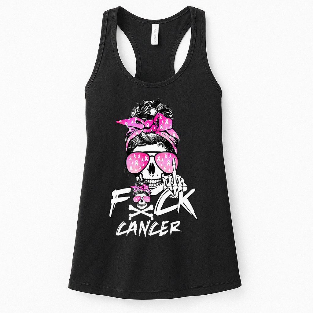 Fuck Breast Cancer Women Warrior Pink Ribbon Messy Bun Hair Womens Tank Top