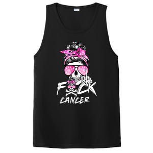 Fuck Breast Cancer Women Warrior Pink Ribbon Messy Bun Hair PosiCharge Competitor Tank