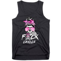 Fuck Breast Cancer Women Warrior Pink Ribbon Messy Bun Hair Tank Top