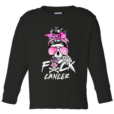 Fuck Breast Cancer Women Warrior Pink Ribbon Messy Bun Hair Toddler Long Sleeve Shirt