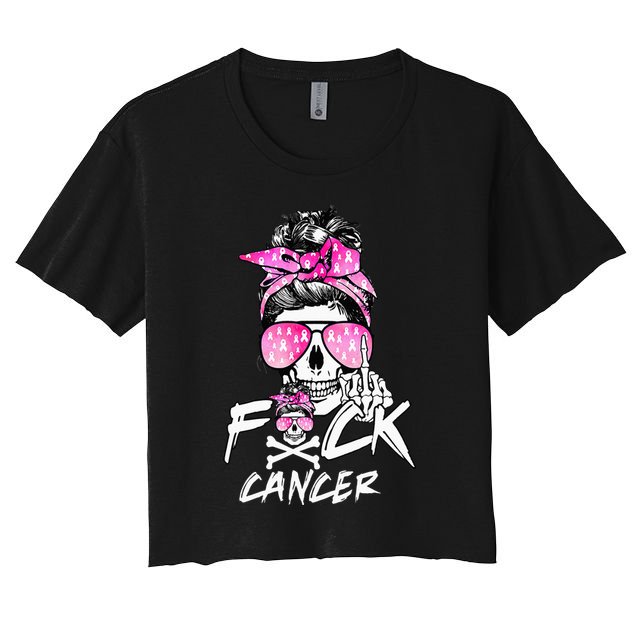 Fuck Breast Cancer Women Warrior Pink Ribbon Messy Bun Hair Crop Top