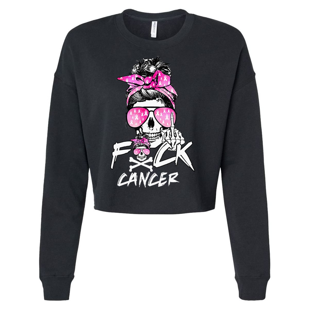 Fuck Breast Cancer Women Warrior Pink Ribbon Messy Bun Hair Cropped Pullover Crew