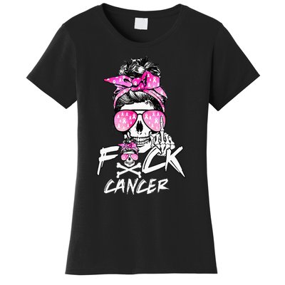 Fuck Breast Cancer Women Warrior Pink Ribbon Messy Bun Hair Women's T-Shirt