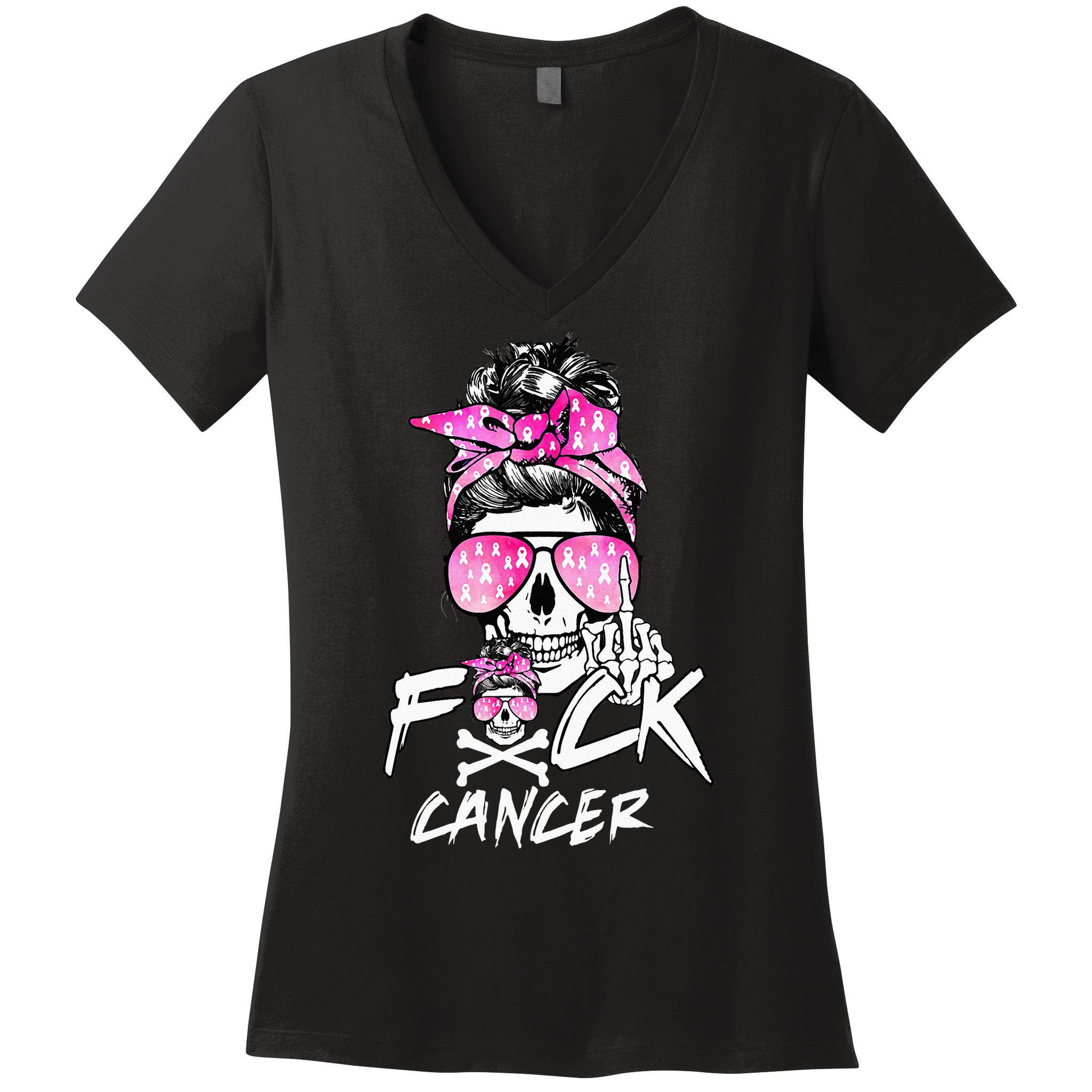 Fuck Breast Cancer Women Warrior Pink Ribbon Messy Bun Hair Women's V-Neck T-Shirt