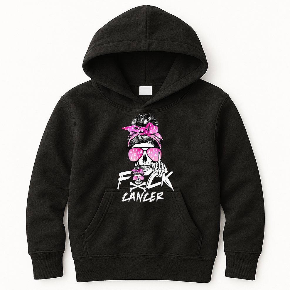 Fuck Breast Cancer Women Warrior Pink Ribbon Messy Bun Hair Kids Hoodie