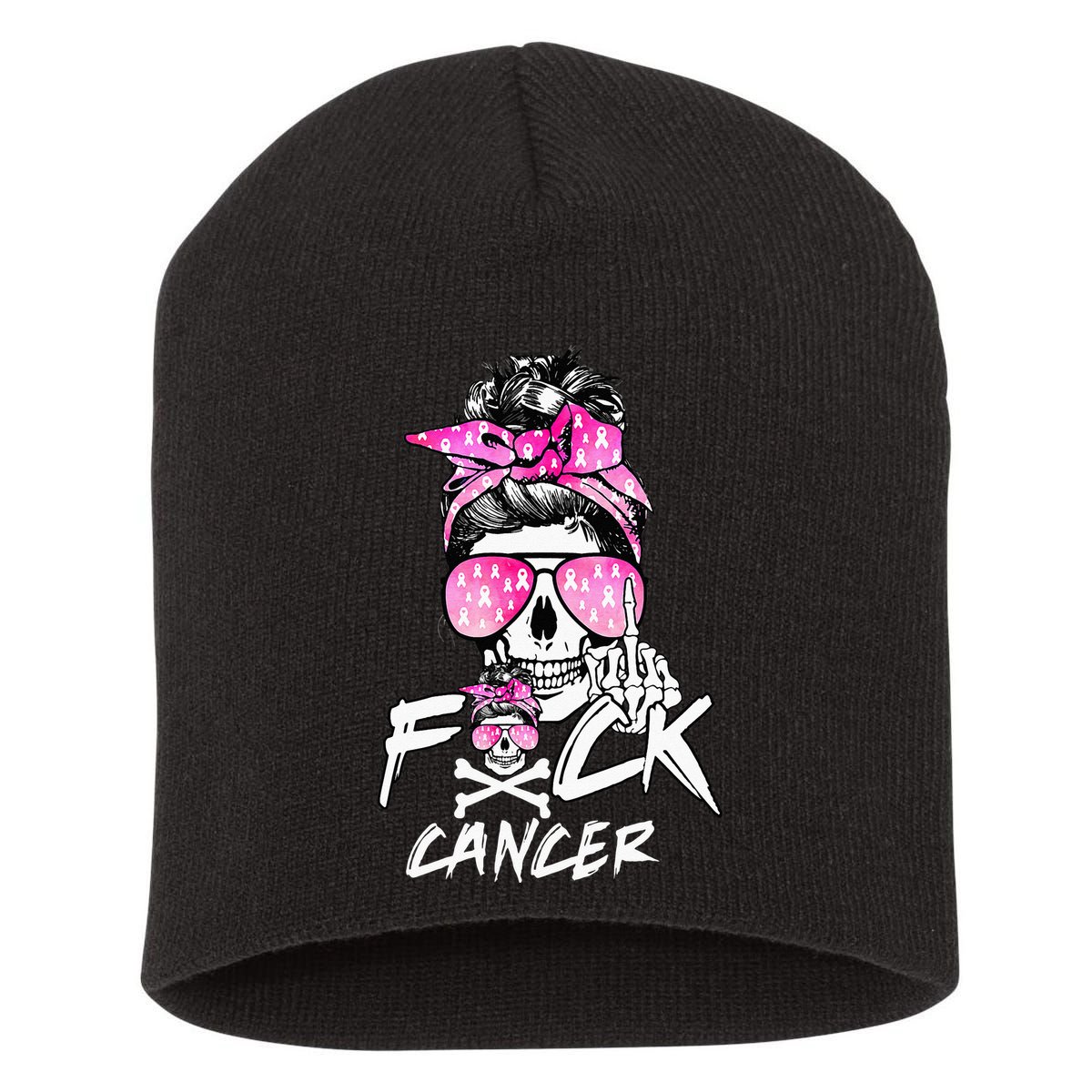 Fuck Breast Cancer Women Warrior Pink Ribbon Messy Bun Hair Short Acrylic Beanie