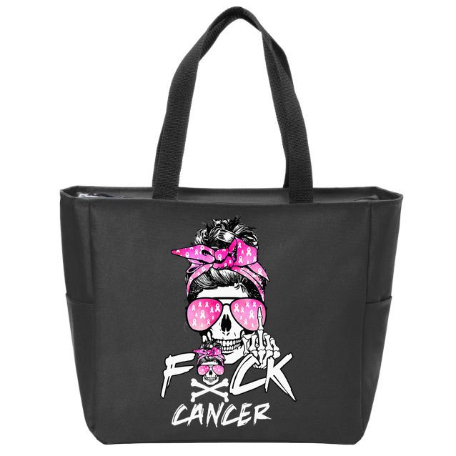 Fuck Breast Cancer Women Warrior Pink Ribbon Messy Bun Hair Zip Tote Bag