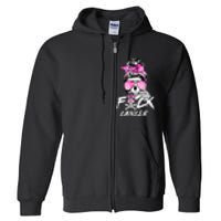 Fuck Breast Cancer Women Warrior Pink Ribbon Messy Bun Hair Full Zip Hoodie