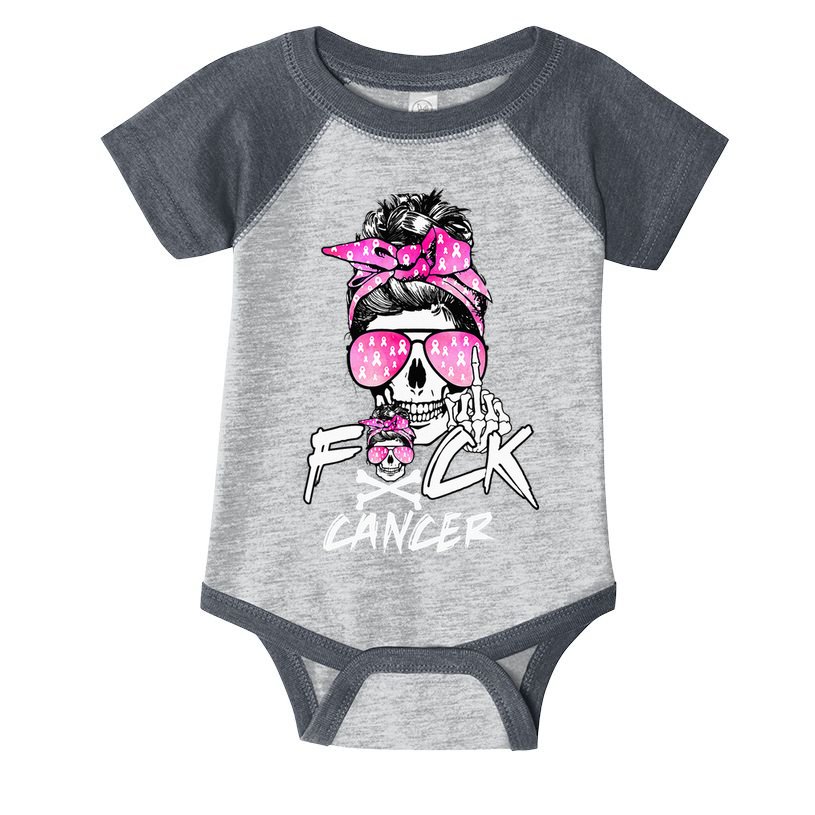 Fuck Breast Cancer Women Warrior Pink Ribbon Messy Bun Hair Infant Baby Jersey Bodysuit