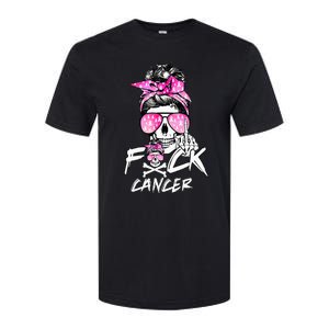 Fuck Breast Cancer Women Warrior Pink Ribbon Messy Bun Hair Softstyle CVC T-Shirt