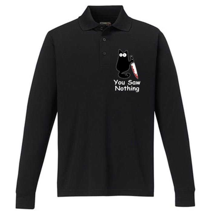 Funny Black Cat Meme You Saw Nothing Performance Long Sleeve Polo