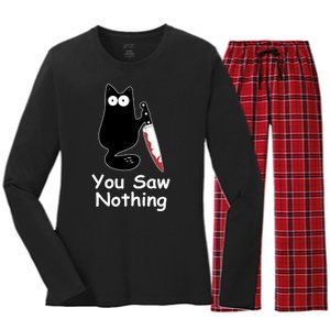 Funny Black Cat Meme You Saw Nothing Women's Long Sleeve Flannel Pajama Set 