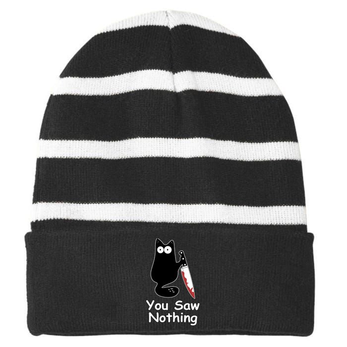 Funny Black Cat Meme You Saw Nothing Striped Beanie with Solid Band