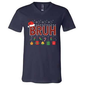 Funny Bruh Christmas Holly Red Plaid Xmas Pajamas V-Neck T-Shirt