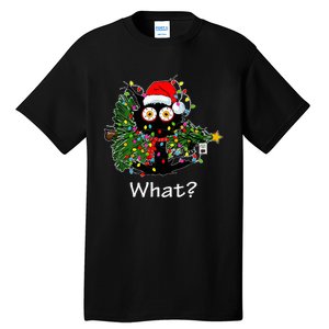 Funny Black Cat Pushing Christmas Tree Over Cat What Tall T-Shirt