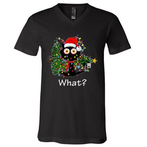 Funny Black Cat Pushing Christmas Tree Over Cat What V-Neck T-Shirt