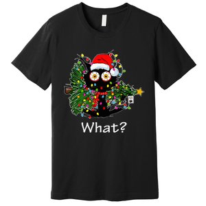 Funny Black Cat Pushing Christmas Tree Over Cat What Premium T-Shirt