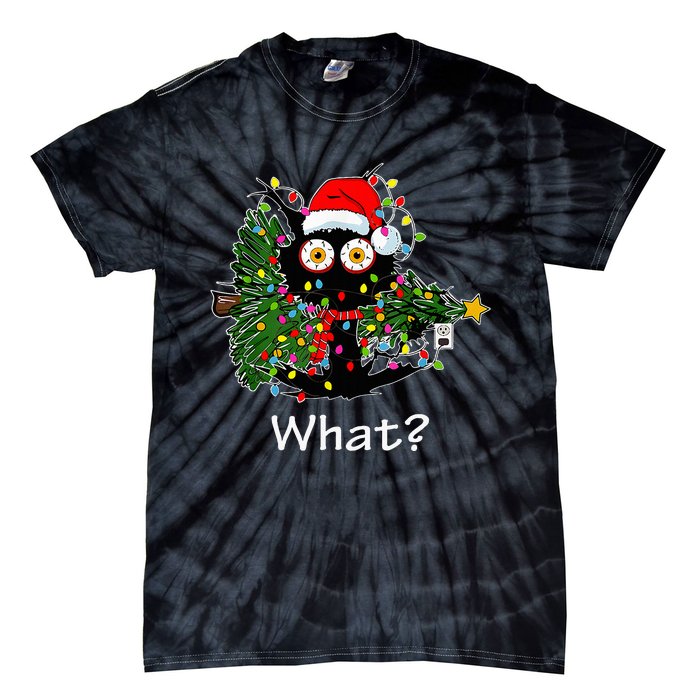 Funny Black Cat Pushing Christmas Tree Over Cat What Tie-Dye T-Shirt