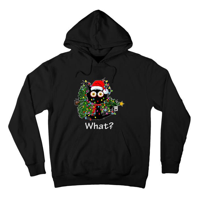 Funny Black Cat Pushing Christmas Tree Over Cat What Tall Hoodie