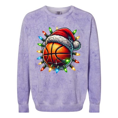 Funny Basketball Christmas Lights Santa Hat Snowflakes Funny Gift Meaningful Gif Colorblast Crewneck Sweatshirt