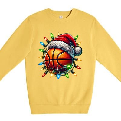 Funny Basketball Christmas Lights Santa Hat Snowflakes Funny Gift Meaningful Gif Premium Crewneck Sweatshirt