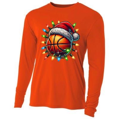 Funny Basketball Christmas Lights Santa Hat Snowflakes Funny Gift Meaningful Gif Cooling Performance Long Sleeve Crew