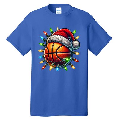 Funny Basketball Christmas Lights Santa Hat Snowflakes Funny Gift Meaningful Gif Tall T-Shirt