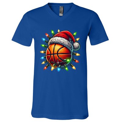 Funny Basketball Christmas Lights Santa Hat Snowflakes Funny Gift Meaningful Gif V-Neck T-Shirt