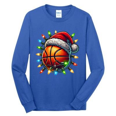 Funny Basketball Christmas Lights Santa Hat Snowflakes Funny Gift Meaningful Gif Tall Long Sleeve T-Shirt