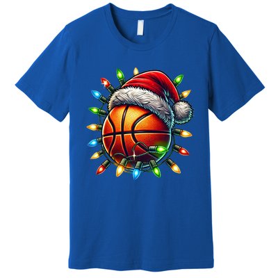 Funny Basketball Christmas Lights Santa Hat Snowflakes Funny Gift Meaningful Gif Premium T-Shirt