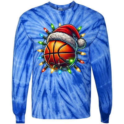 Funny Basketball Christmas Lights Santa Hat Snowflakes Funny Gift Meaningful Gif Tie-Dye Long Sleeve Shirt