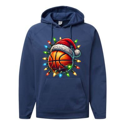 Funny Basketball Christmas Lights Santa Hat Snowflakes Funny Gift Meaningful Gif Performance Fleece Hoodie