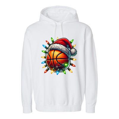 Funny Basketball Christmas Lights Santa Hat Snowflakes Funny Gift Meaningful Gif Garment-Dyed Fleece Hoodie