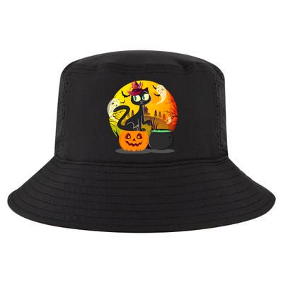 Funny Black Cat Full Moon With Witch Hat Halloween Costume Gift Cool Comfort Performance Bucket Hat