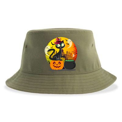 Funny Black Cat Full Moon With Witch Hat Halloween Costume Gift Sustainable Bucket Hat