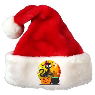 Funny Black Cat Full Moon With Witch Hat Halloween Costume Gift Premium Christmas Santa Hat