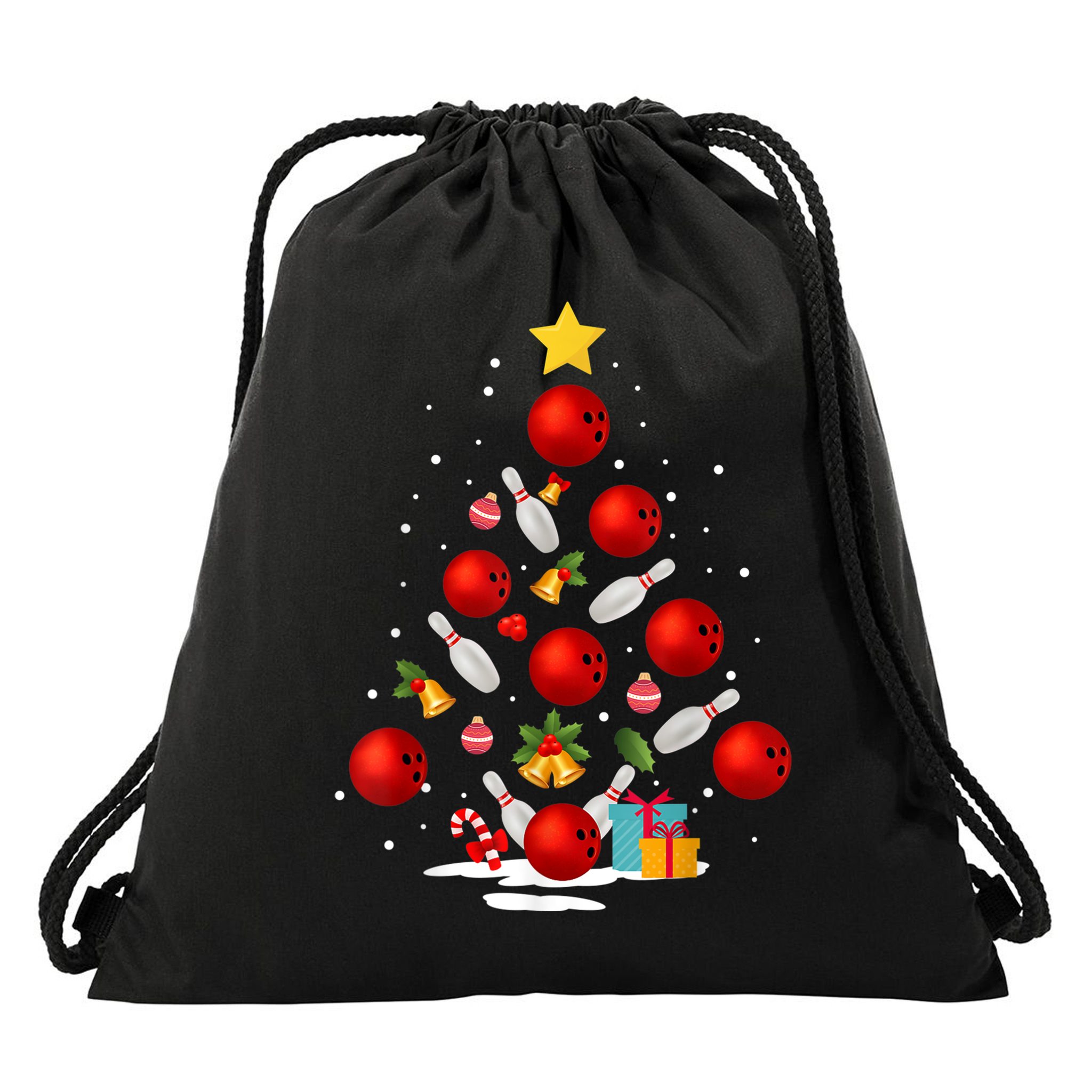 Funny Bowling Christmas Tree Lights Xmas Gifts Drawstring Bag