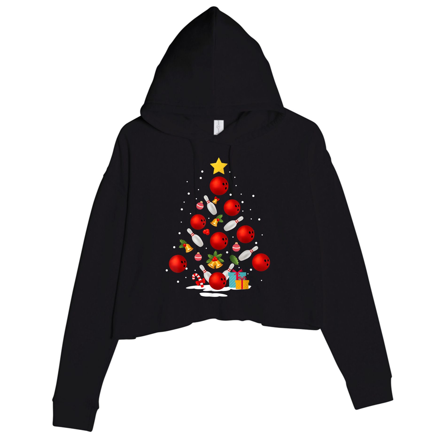 Funny Bowling Christmas Tree Lights Xmas Gifts Crop Fleece Hoodie