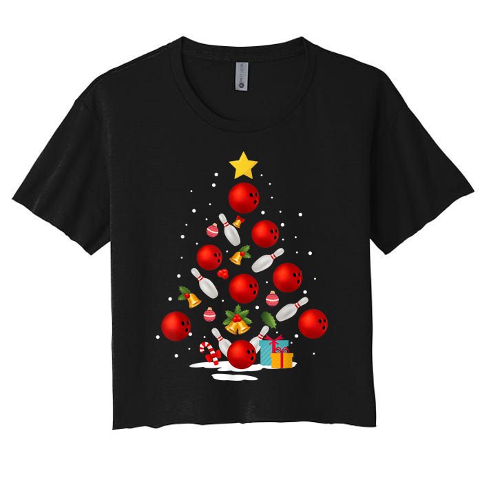 Funny Bowling Christmas Tree Lights Xmas Gifts Women's Crop Top Tee