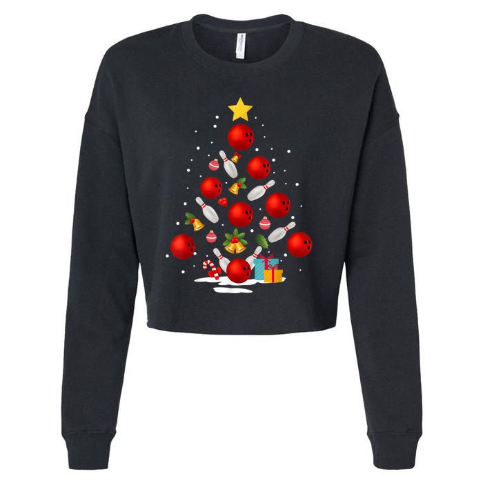 Funny Bowling Christmas Tree Lights Xmas Gifts Cropped Pullover Crew