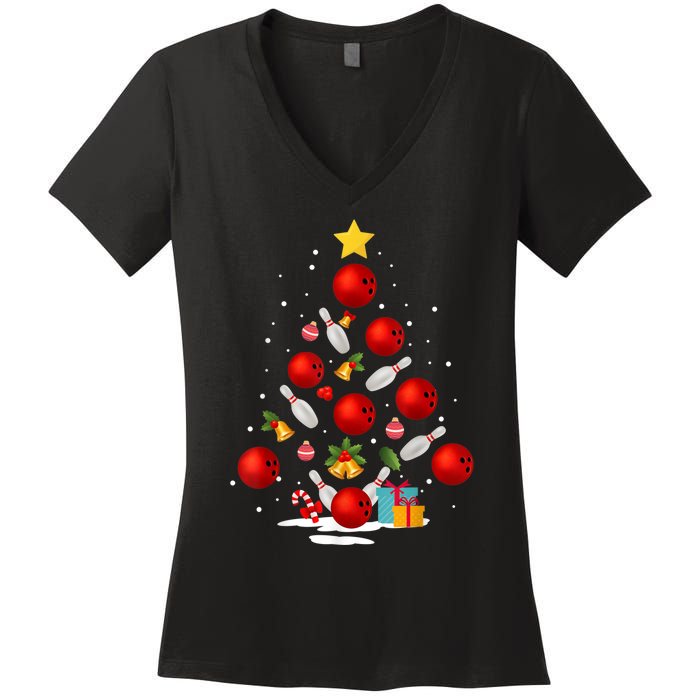 Funny Bowling Christmas Tree Lights Xmas Gifts Women's V-Neck T-Shirt