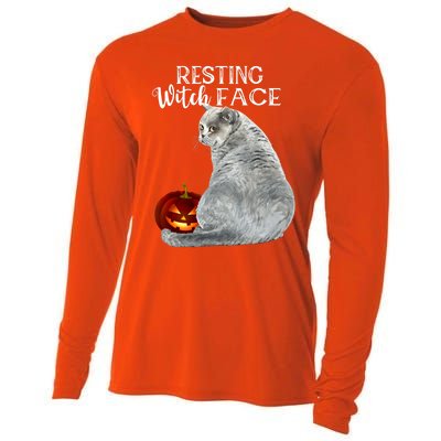 Funny Black Cat Resting Witch Face Halloween Costume Cool Gift Cooling Performance Long Sleeve Crew