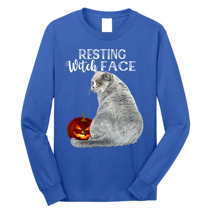 Funny Black Cat Resting Witch Face Halloween Costume Cool Gift Long Sleeve Shirt