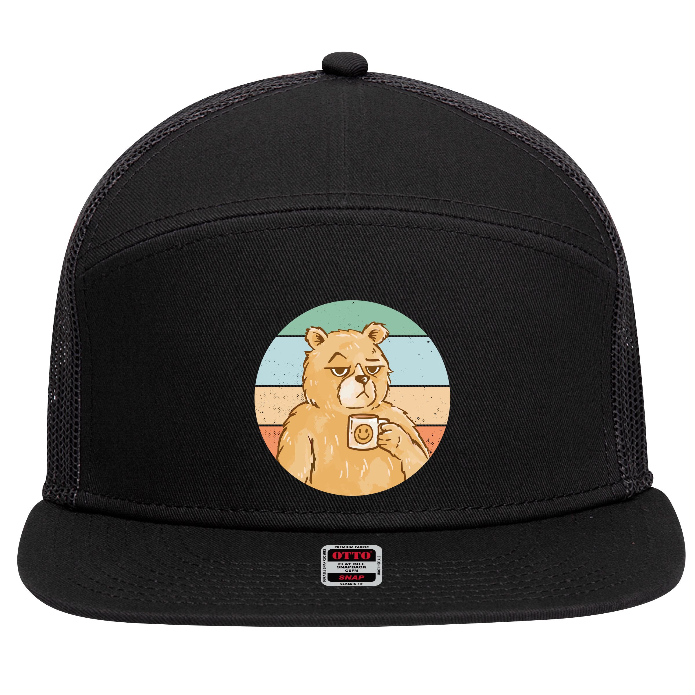 Funny Bear Coffee Lover Retro Sunset 7 Panel Mesh Trucker Snapback Hat