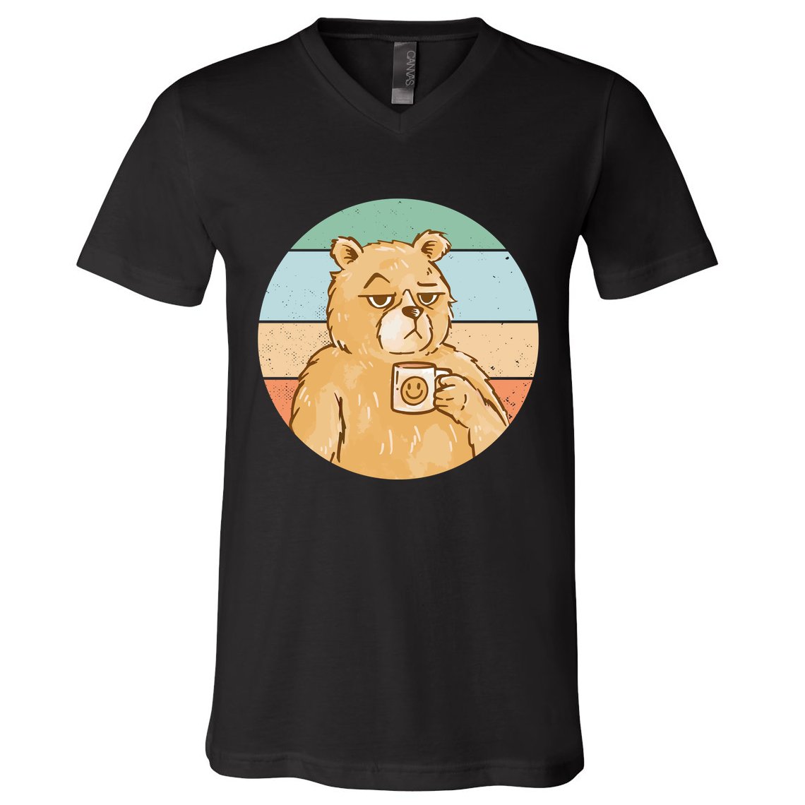 Funny Bear Coffee Lover Retro Sunset V-Neck T-Shirt
