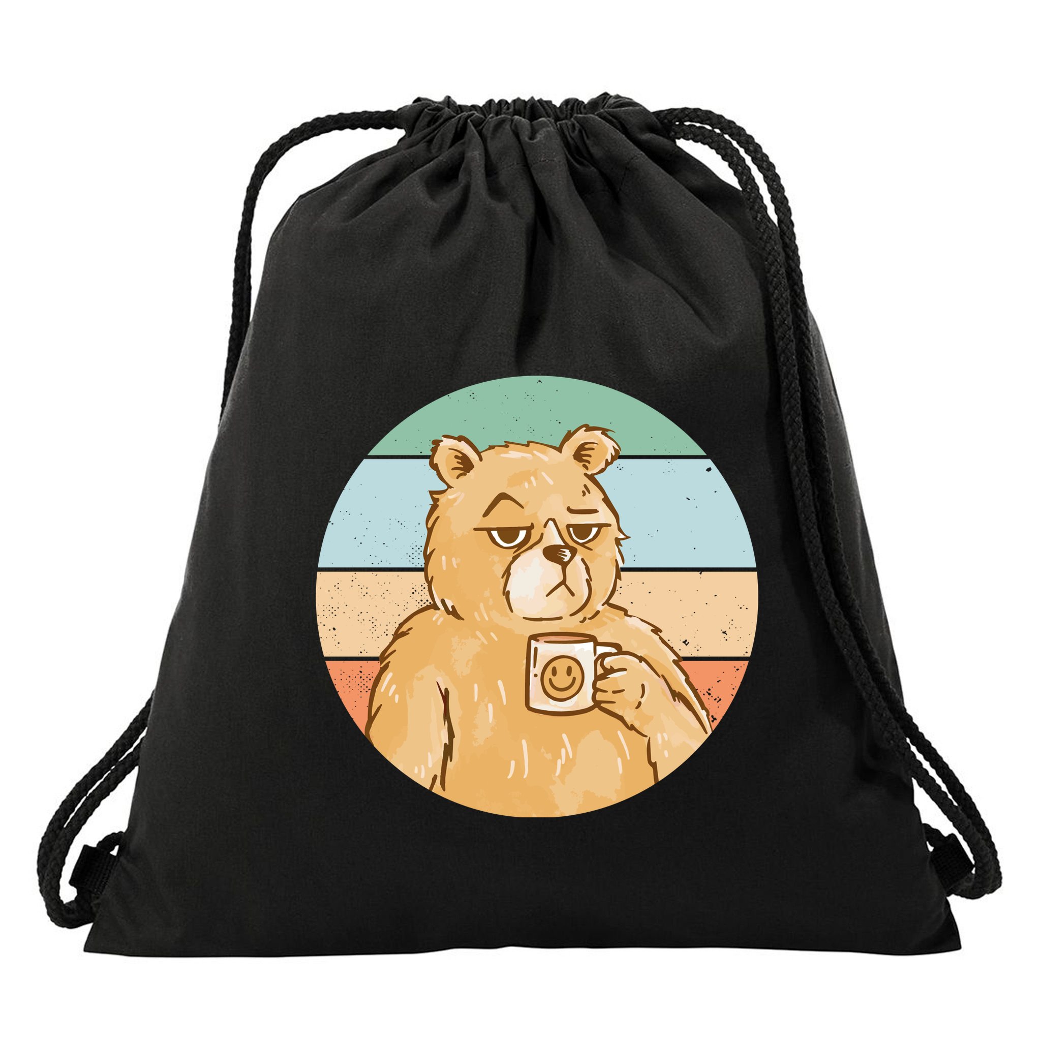 Funny Bear Coffee Lover Retro Sunset Drawstring Bag