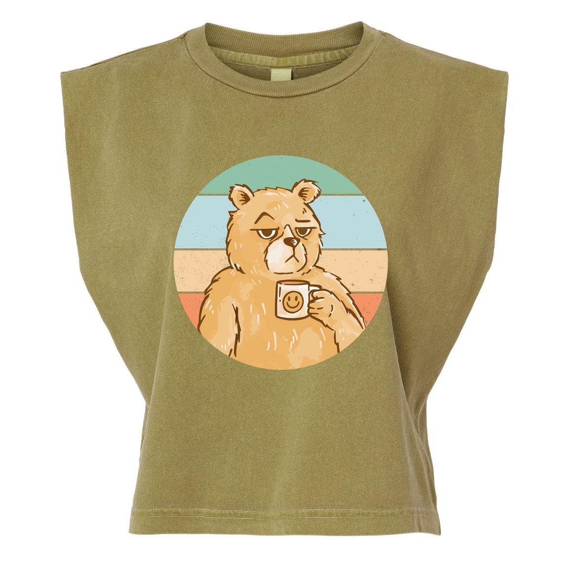 Funny Bear Coffee Lover Retro Sunset Garment-Dyed Women's Muscle Tee