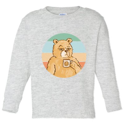 Funny Bear Coffee Lover Retro Sunset Toddler Long Sleeve Shirt