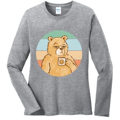 Funny Bear Coffee Lover Retro Sunset Ladies Long Sleeve Shirt