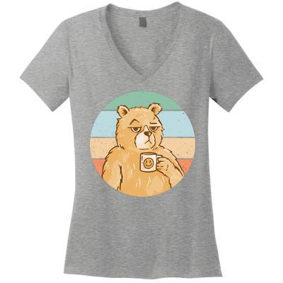 Funny Bear Coffee Lover Retro Sunset Women's V-Neck T-Shirt